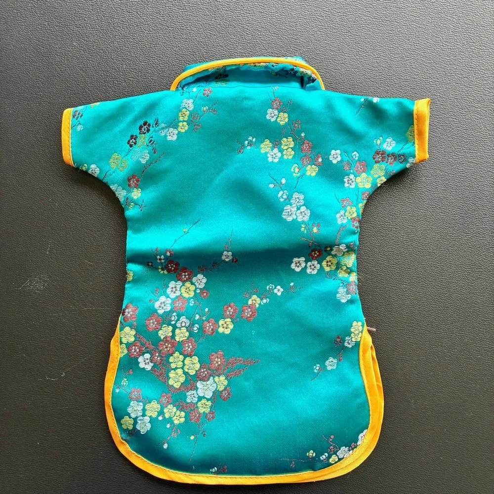 Teal Blue Floral Brocade Miniature Cheongsam Qipao Wine Bottle Cover Decor
